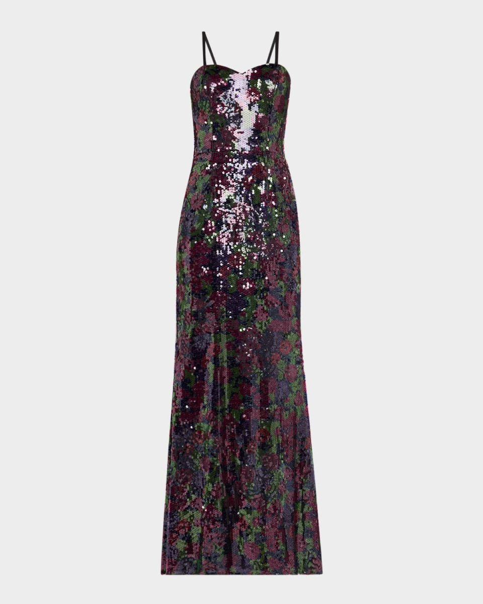 Sheridan Floral-Print Sequin Sweetheart Gown